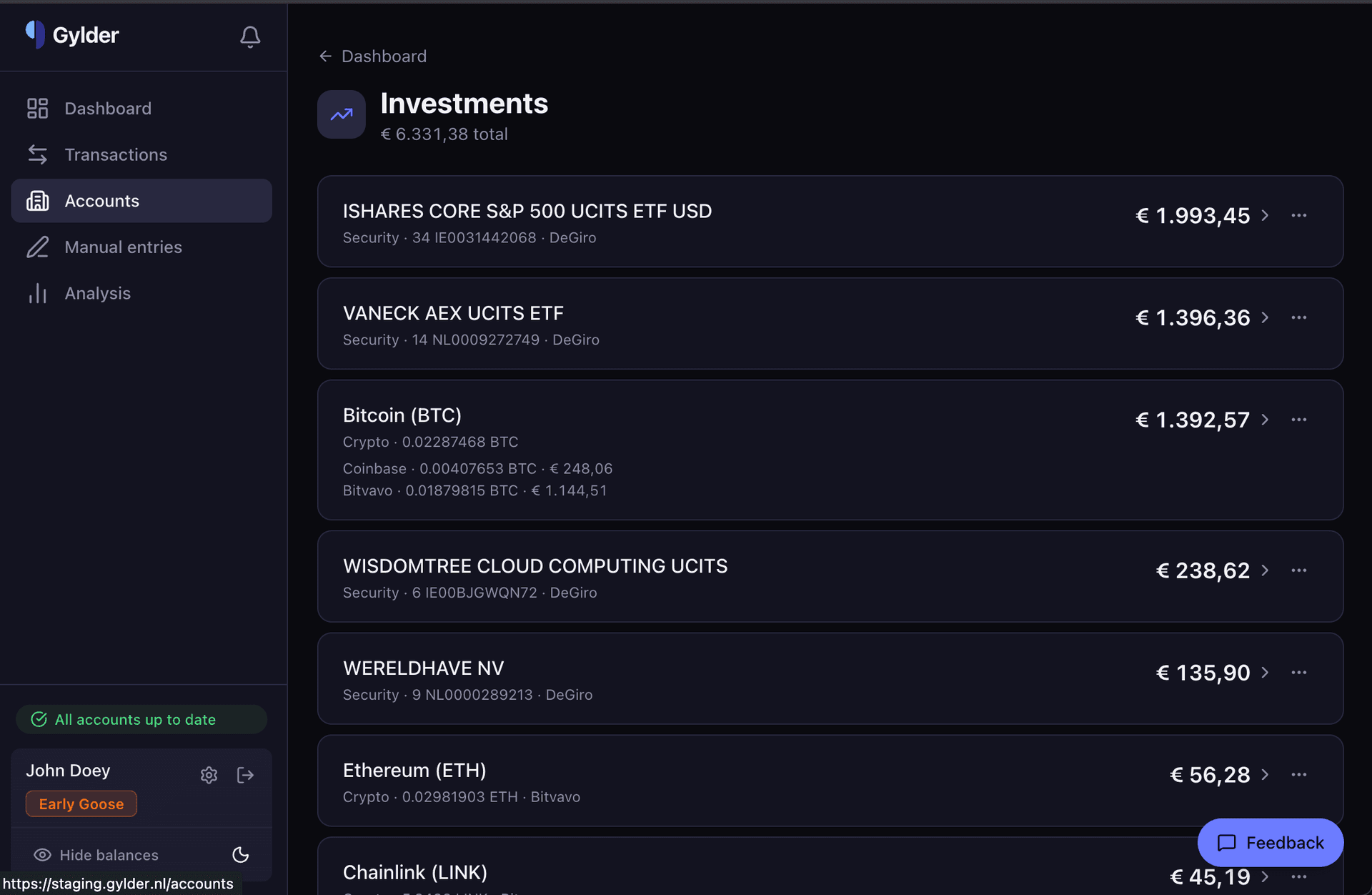 Investments breakdown showing BTC holdings merged across Coinbase and Bitvavo