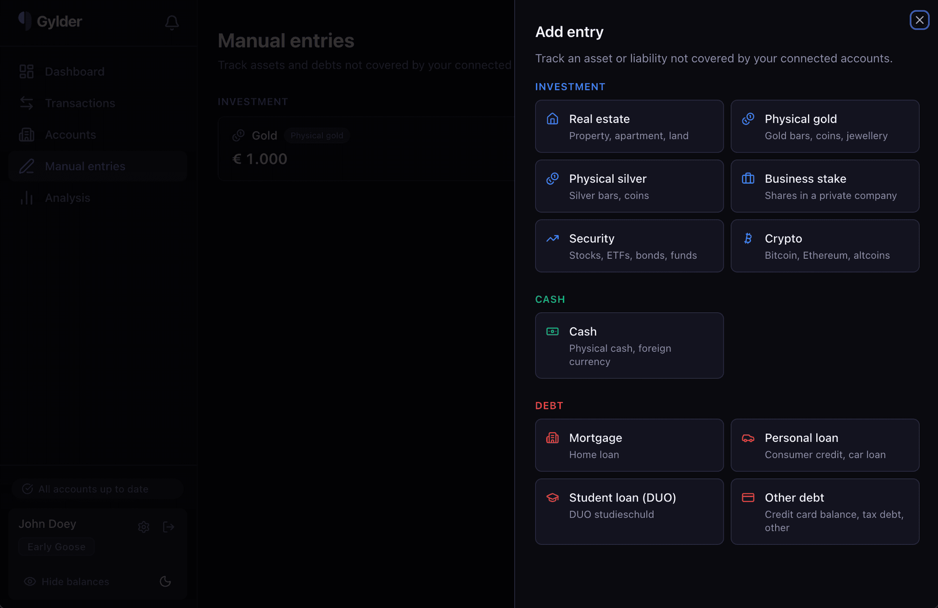 Manual entry preset picker showing investment, cash, and debt categories