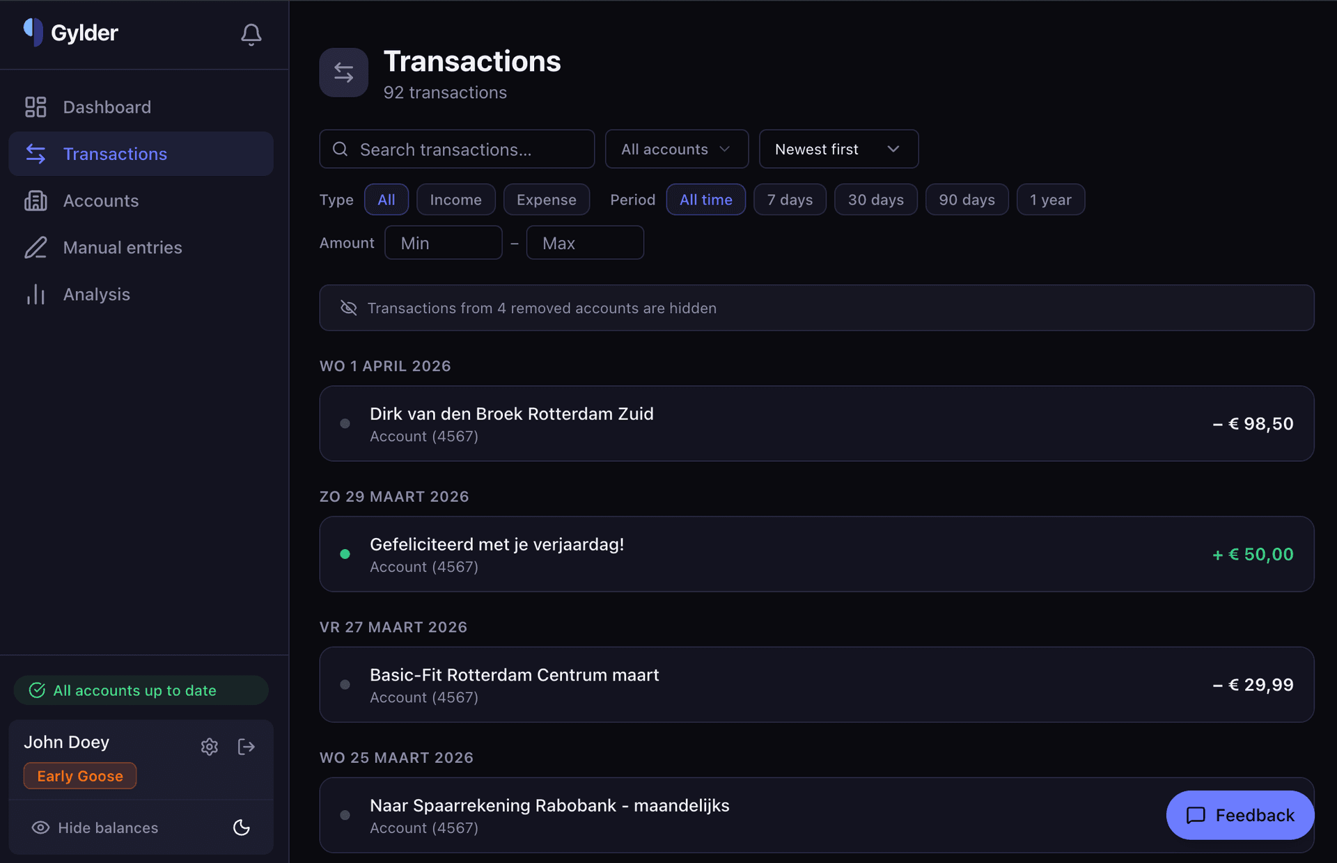 Transaction feed with filters for type, period, and amount