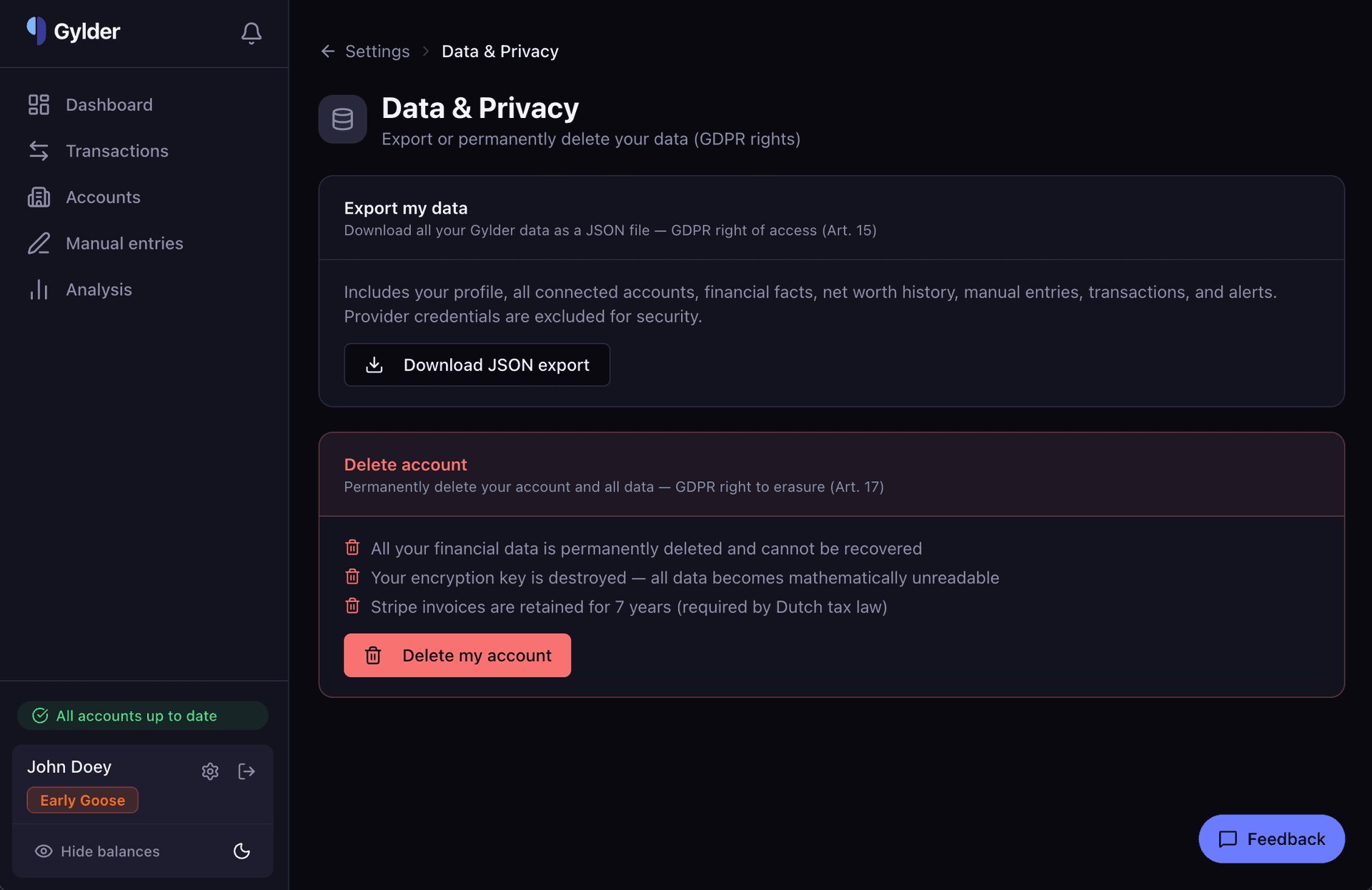 Data & Privacy settings showing data export and account deletion